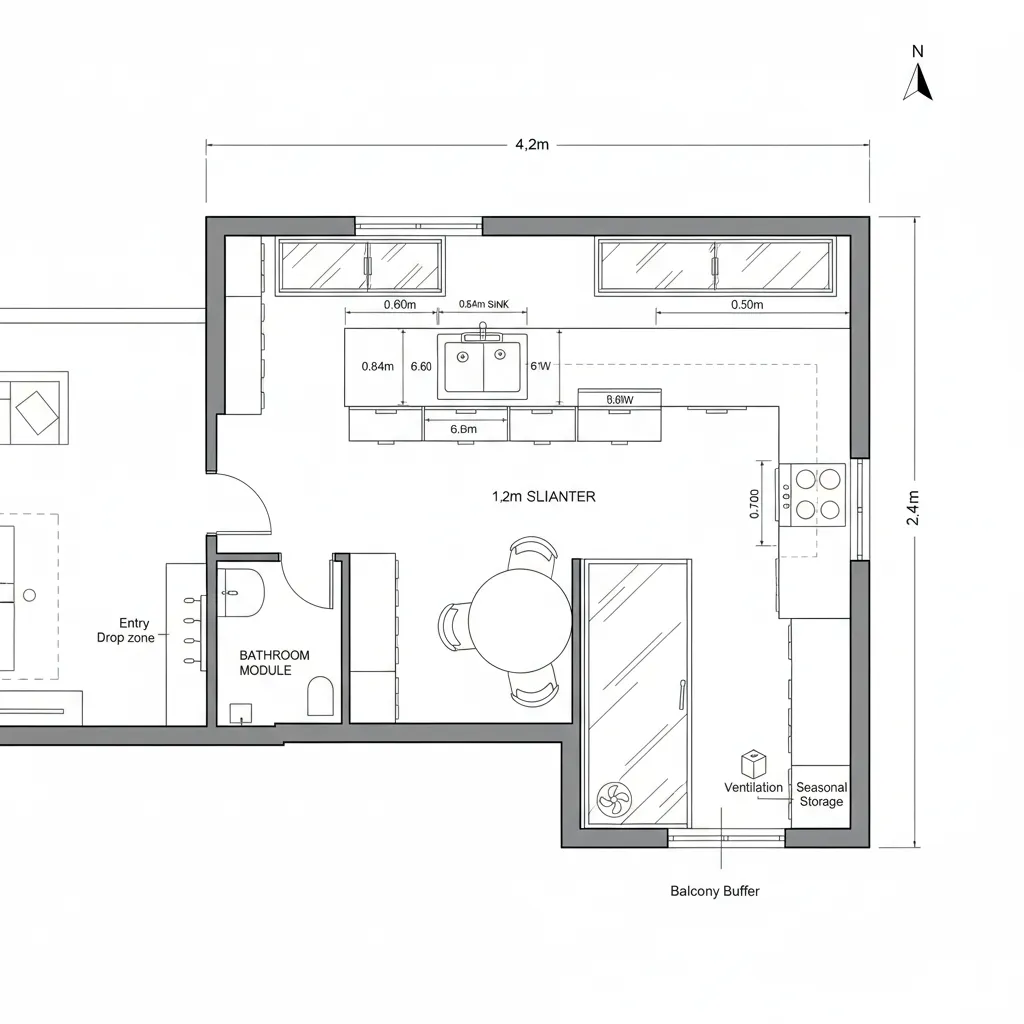 Kitchen floor plan layout with sink, stove, small dining table, bathroom module, and balcony area