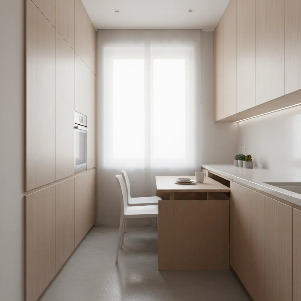 Compact kitchen with pull out table integrated into cabinet