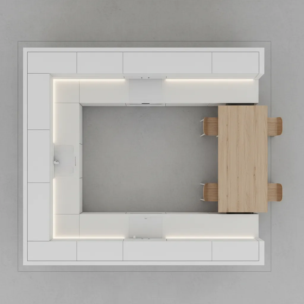 Kitchen layout showing circulation space around a pull out table
