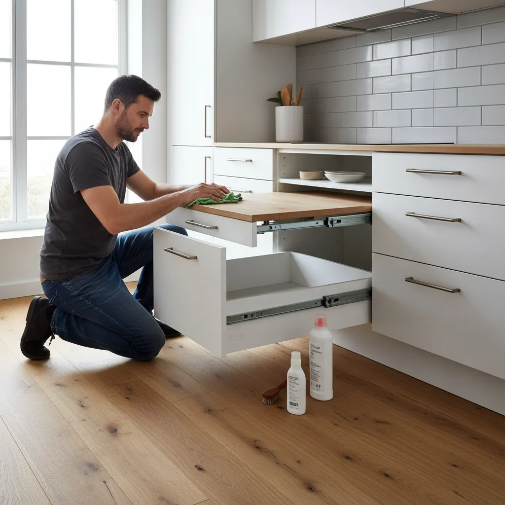 Cleaning and lubricating drawer slides on a kitchen pull out table