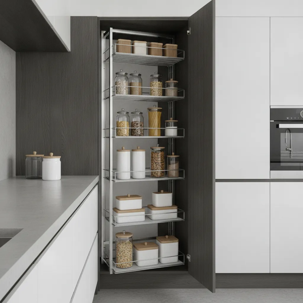 Pull out pantry storage system inside modular kitchen cabinet