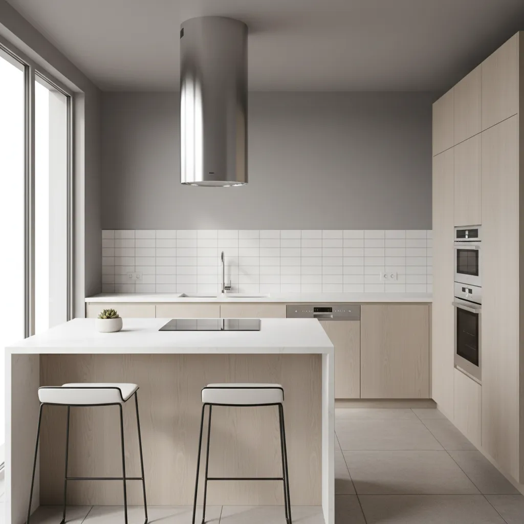 modern kitchen with powerful range hood preventing grease buildup