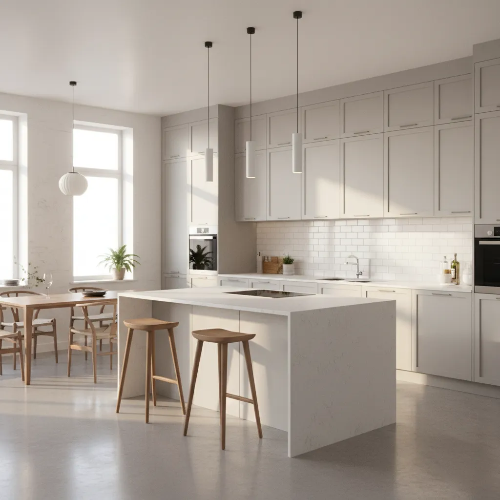 glossy backsplash reflecting sunlight across a bright kitchen interior