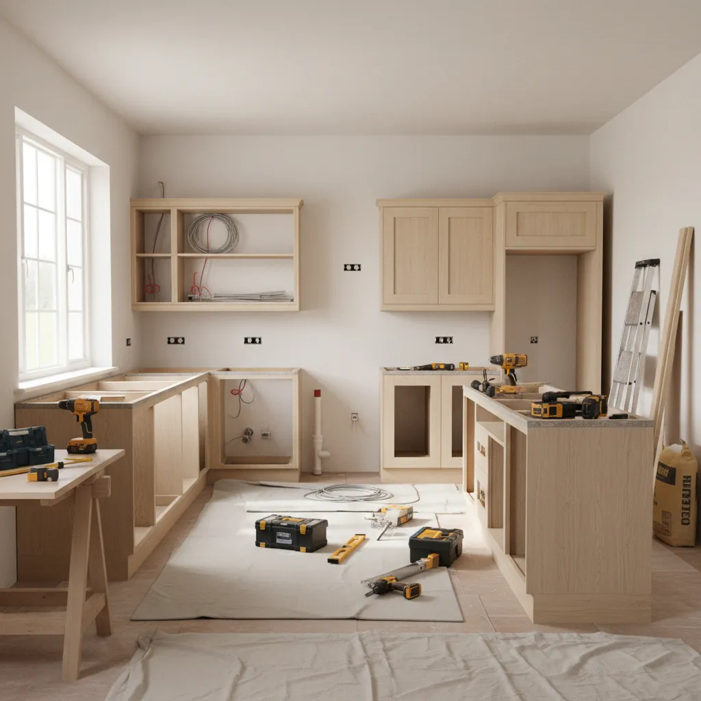 mid renovation kitchen interior with cabinets removed and remodeling in progress