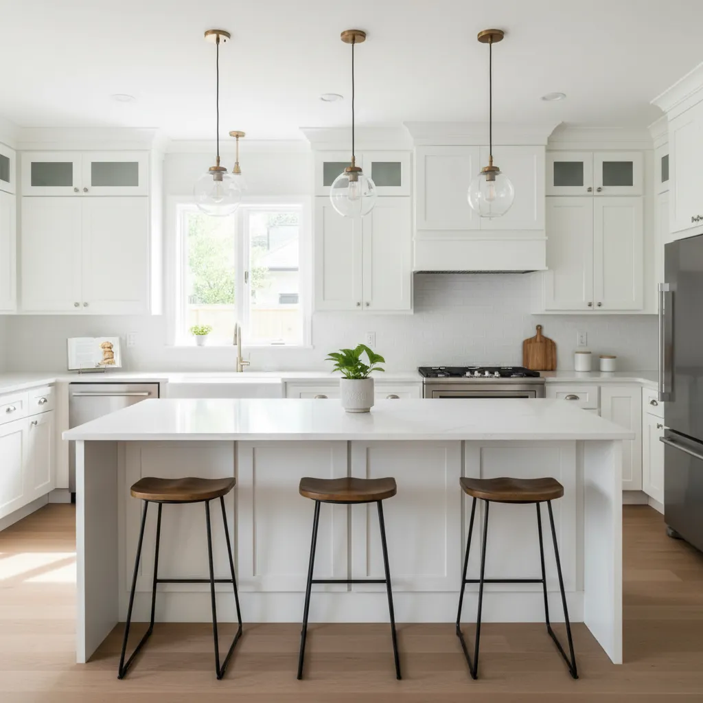 modern renovated kitchen interior with island and cabinets representing remodeling results