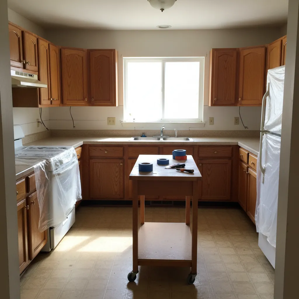 Kitchen before renovation showing old cabinets ready for demolition