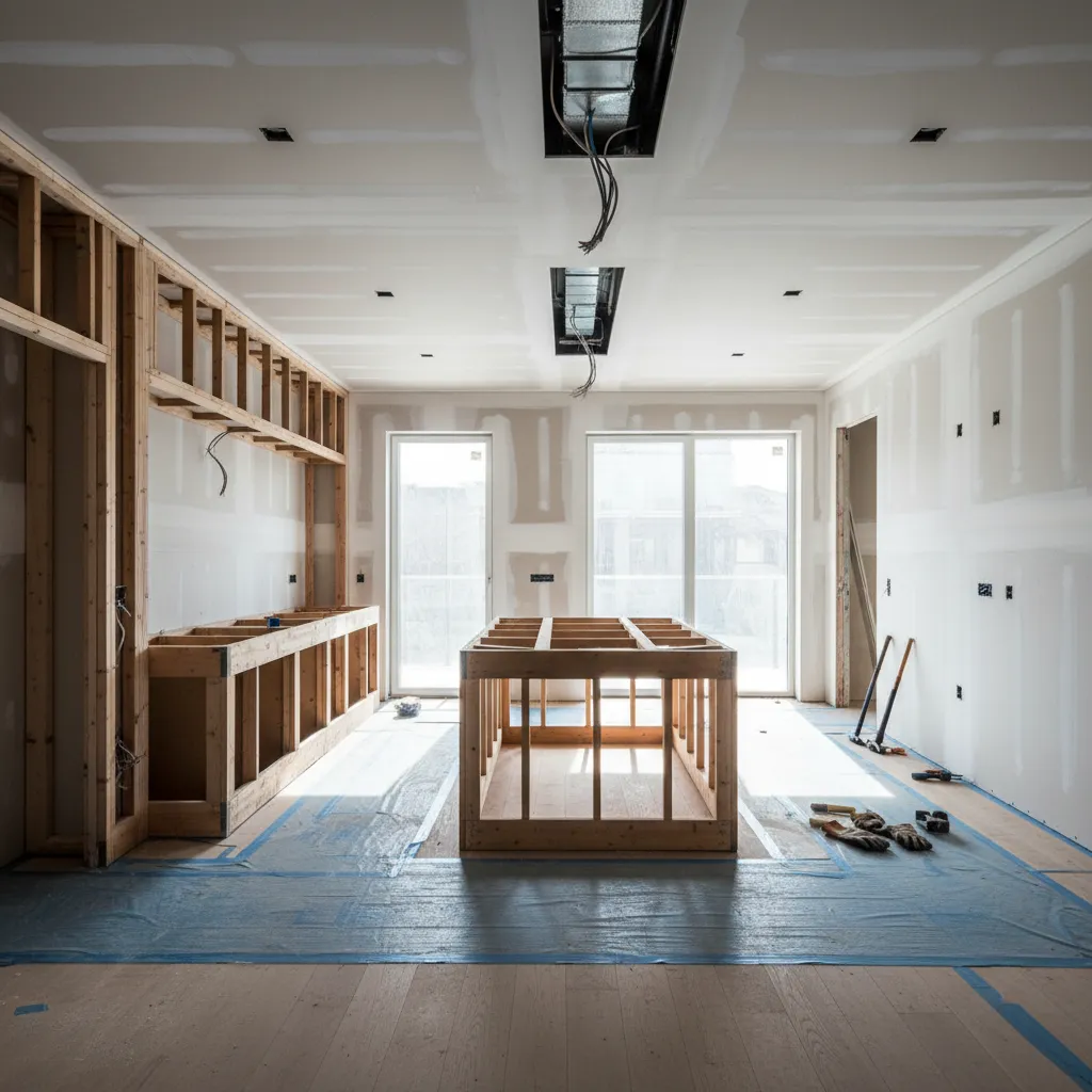 empty kitchen prepared for renovation with removed cabinets and construction tools