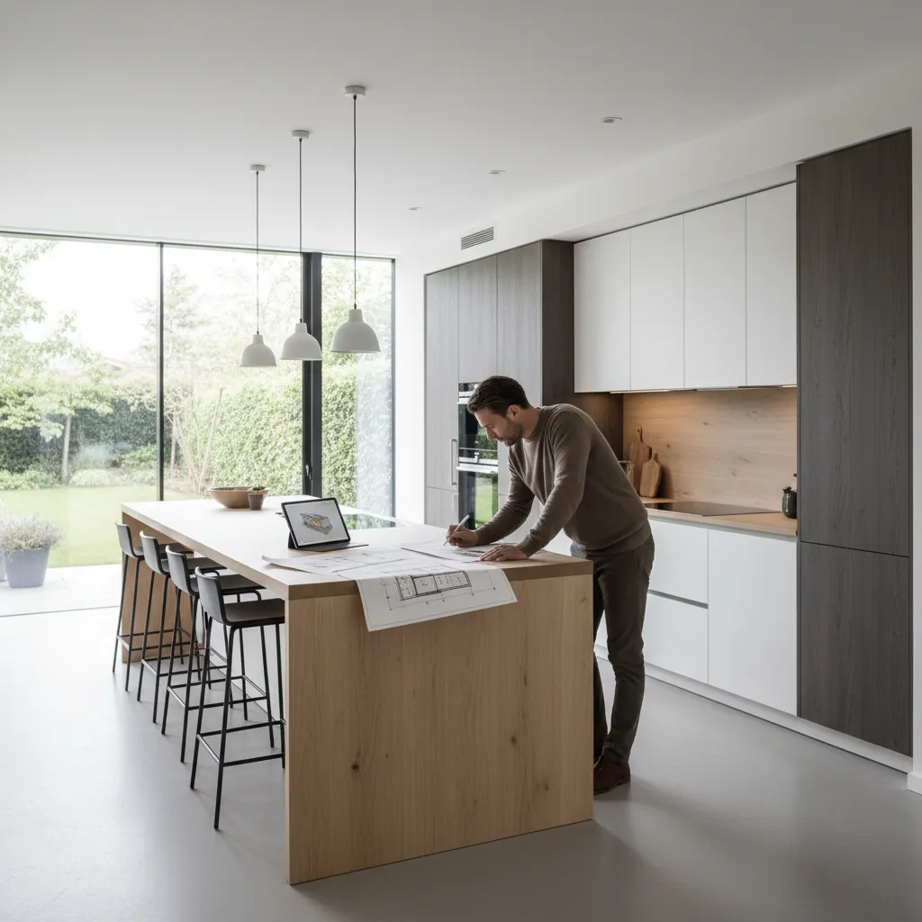 homeowner planning kitchen renovation layout with modern kitchen background