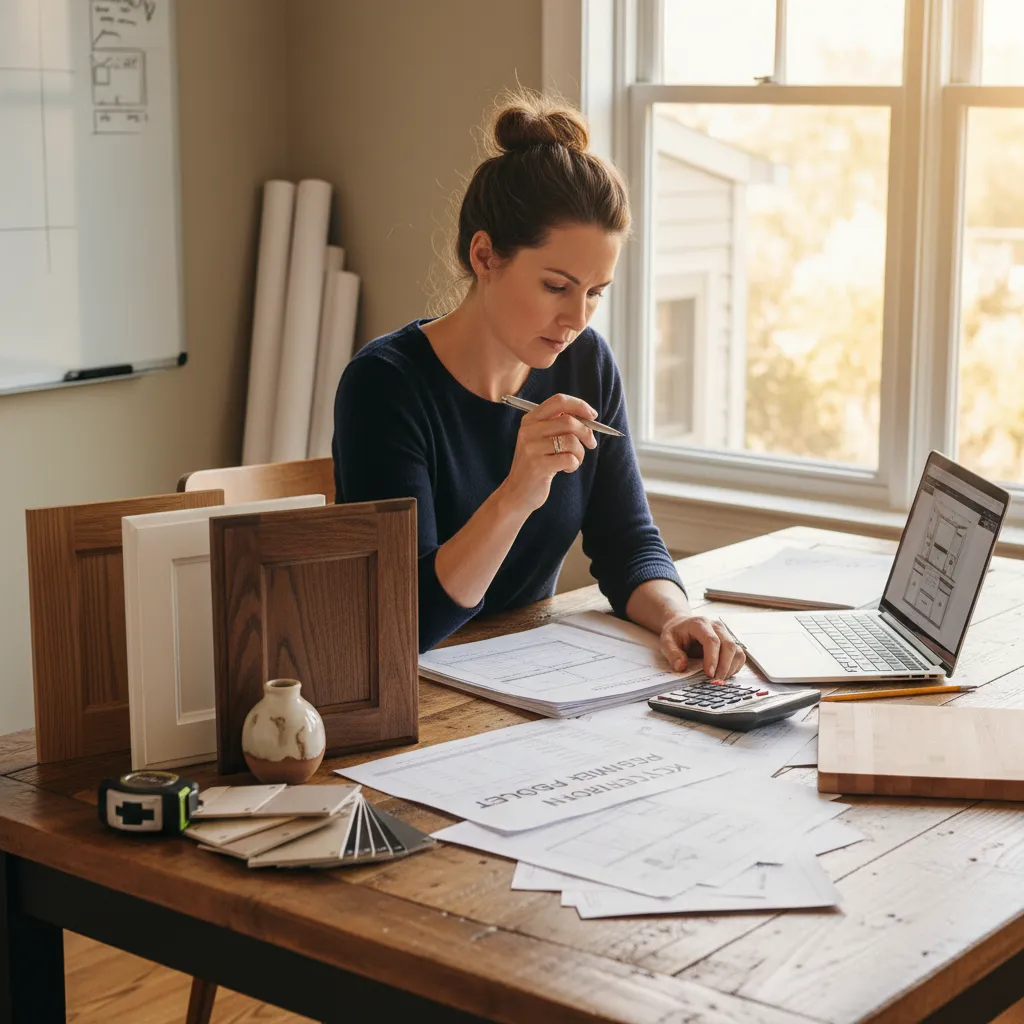 Homeowner reviewing kitchen renovation budget documents and material samples