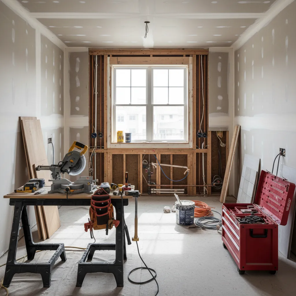 Kitchen under renovation showing cabinets removed and construction in progress