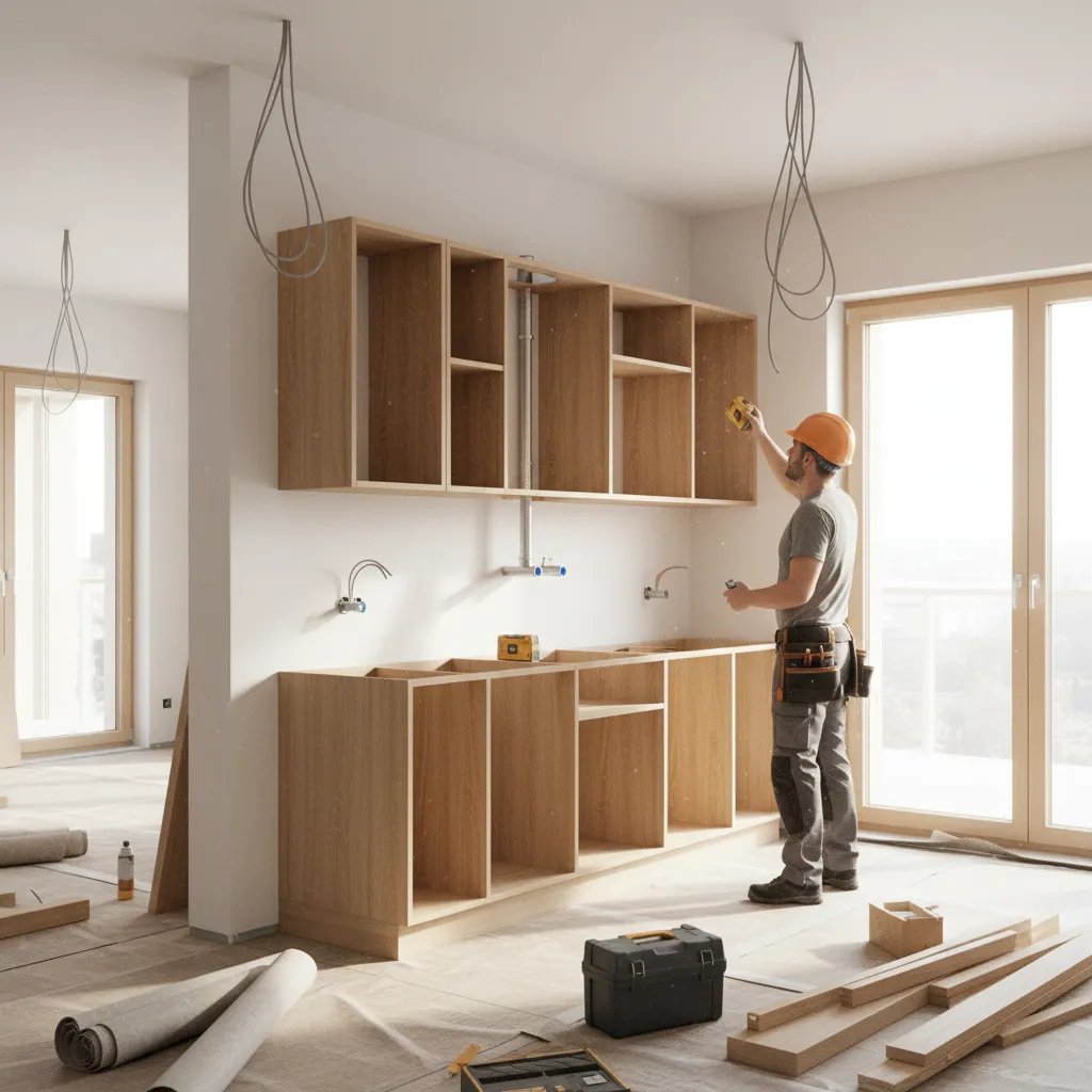 kitchen remodel under construction with cabinets and electrical work visible