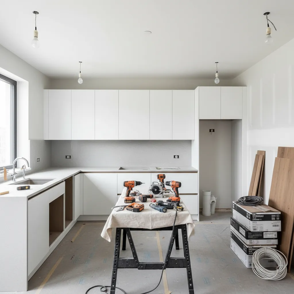 Kitchen renovation mid construction showing cabinets and tools
