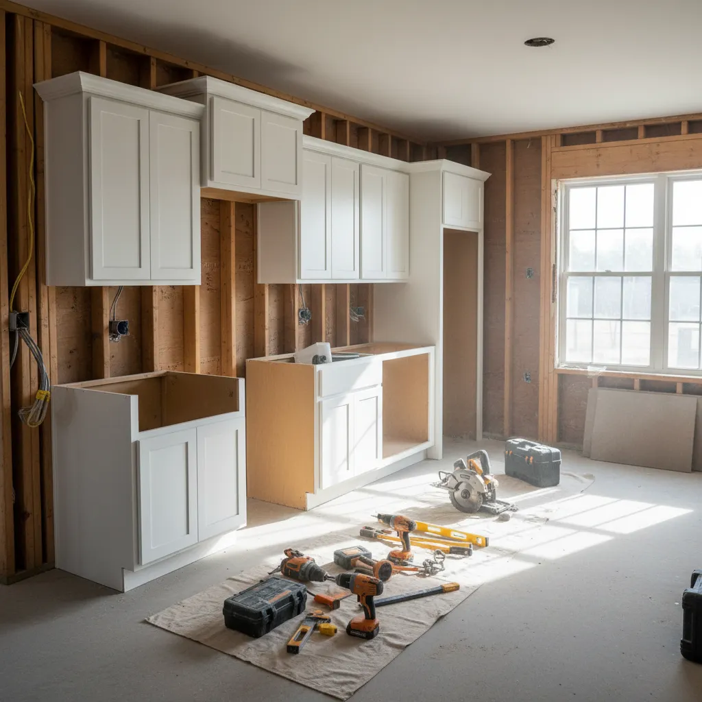 kitchen renovation under construction showing cabinets and framing