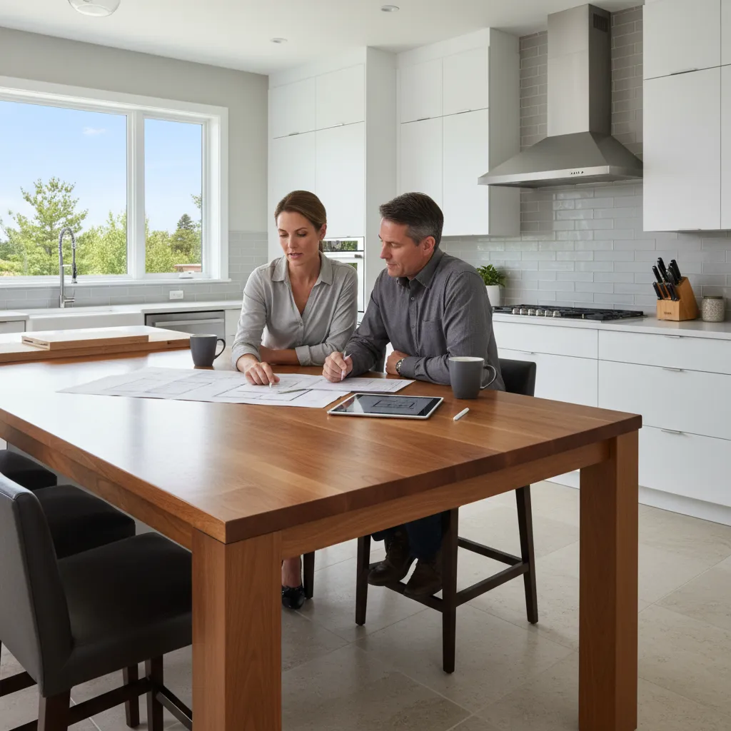 Couple sitting at large wooden table discussing kitchen floor plan with tablet in modern kitchen