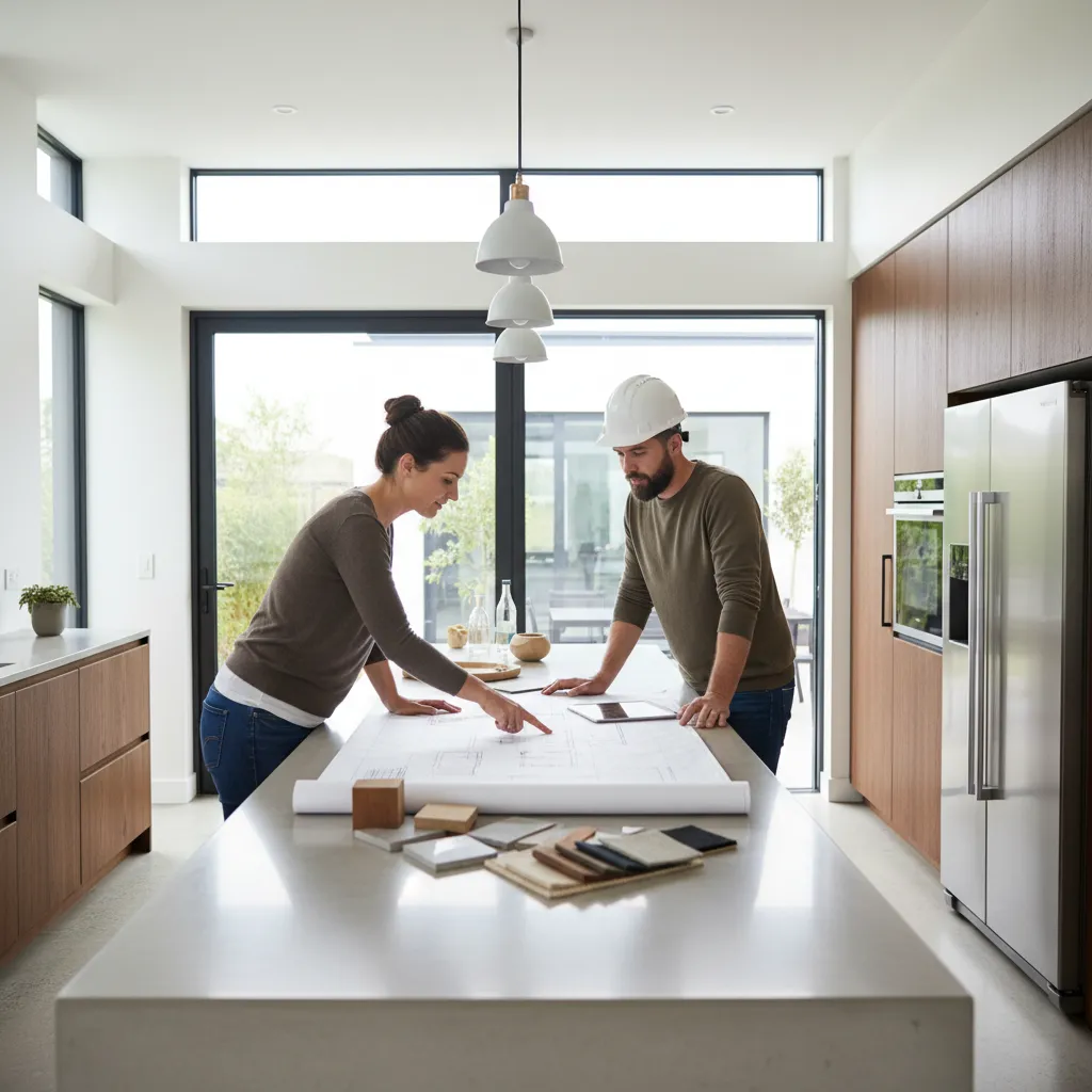 Homeowner and contractor reviewing kitchen renovation drawings
