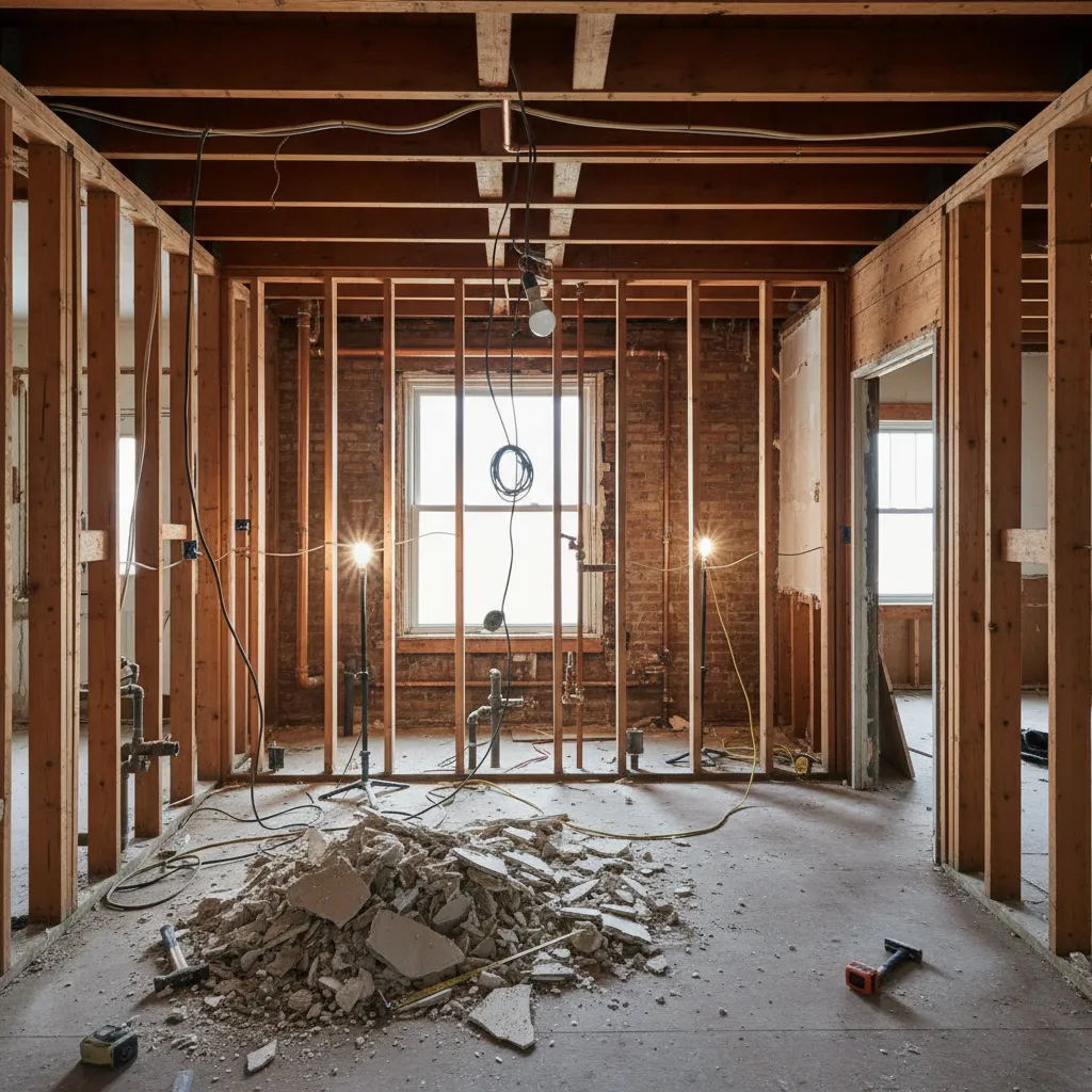 kitchen demolition revealing plumbing and wiring in an older home