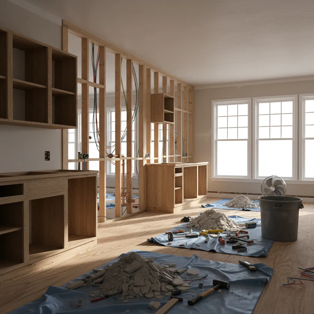 kitchen during demolition stage with exposed framing and plumbing