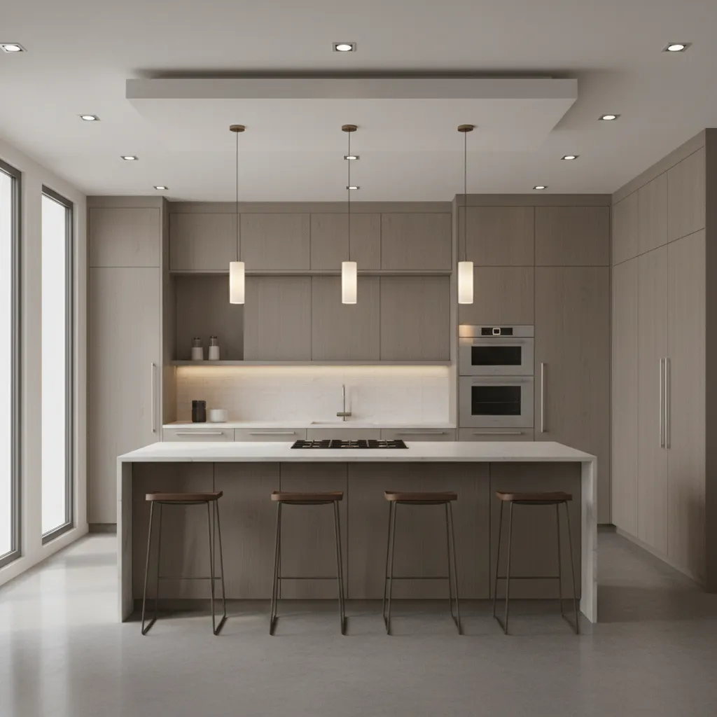 Modern kitchen with wood cabinets white island four bar stools and three hanging light fixtures