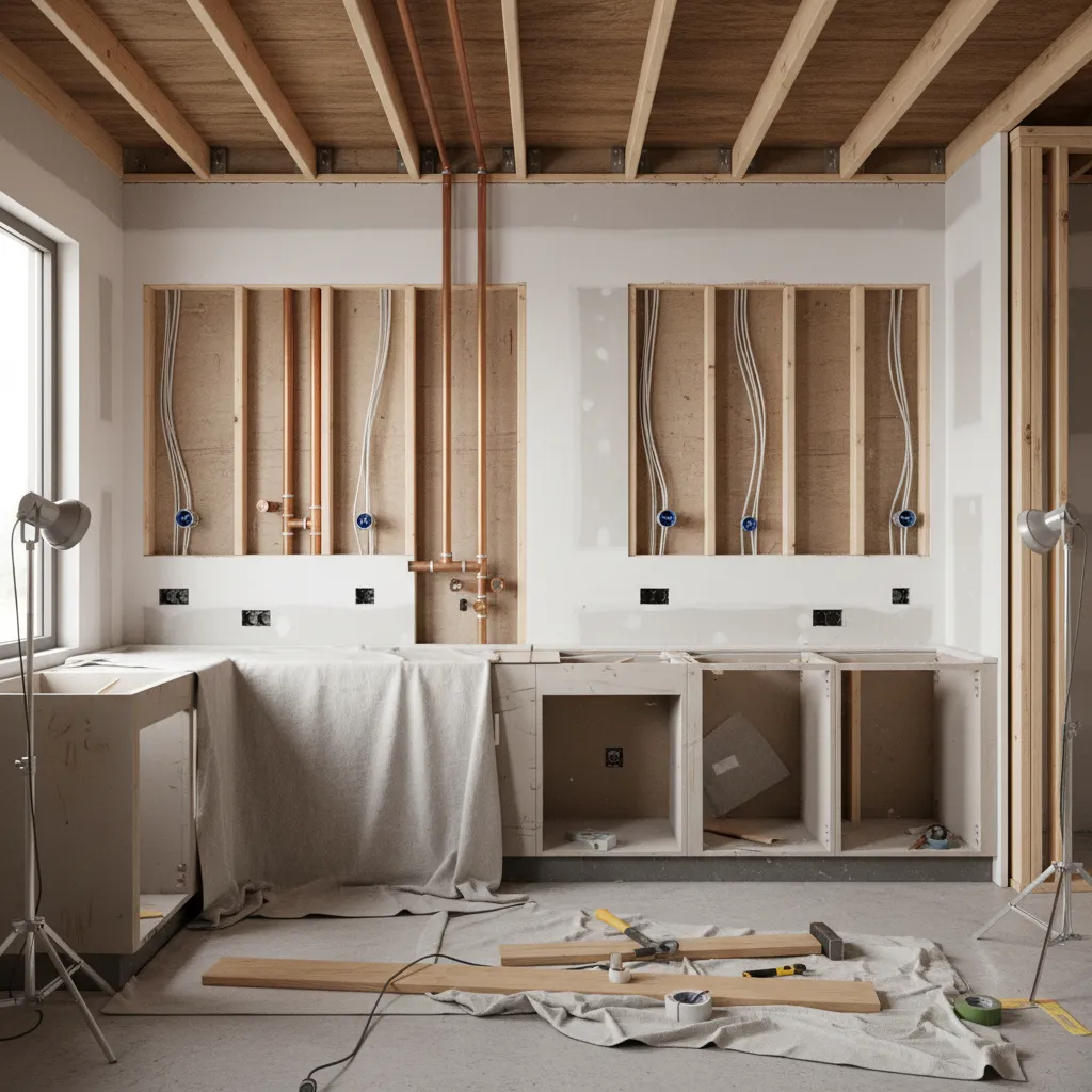Open wall kitchen renovation showing plumbing and electrical