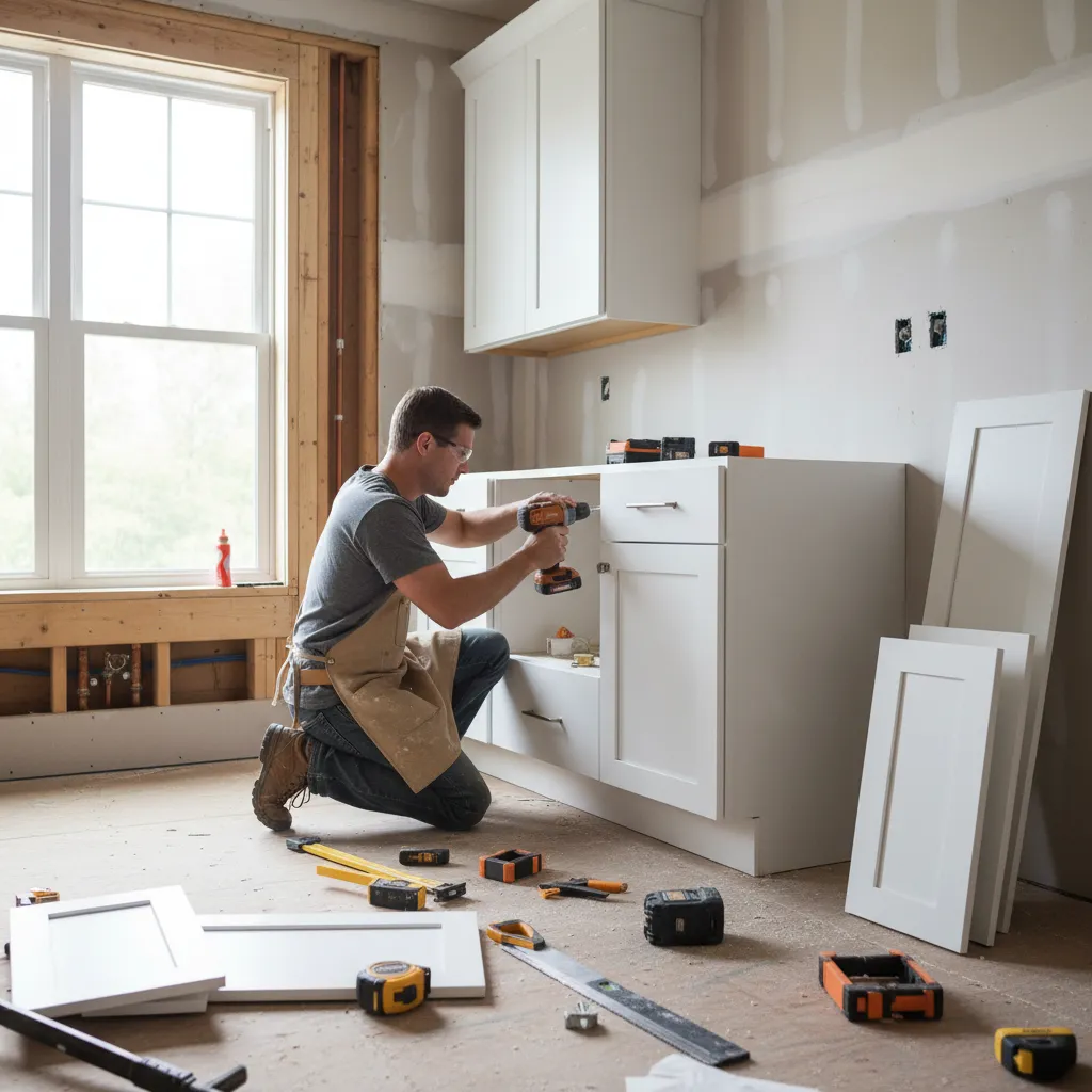 Close view of professional carpenter installing kitchen cabinetry during remodel