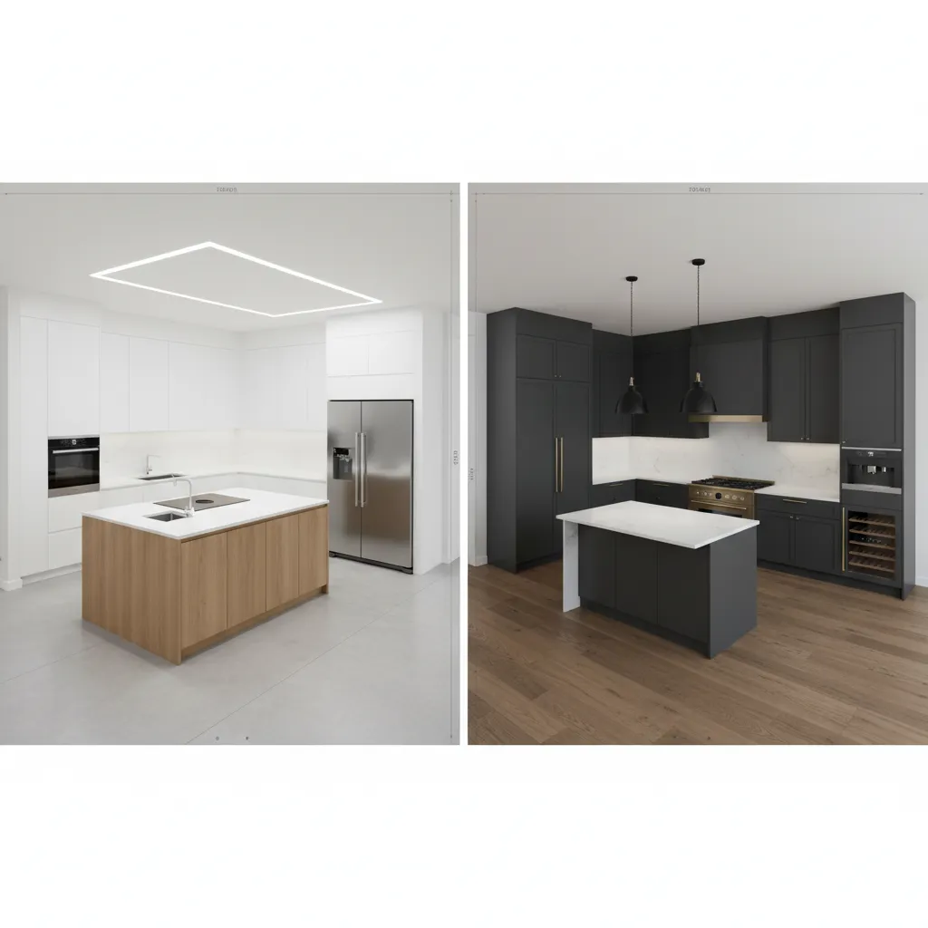 Comparison of two kitchen layout options during remodeling planning
