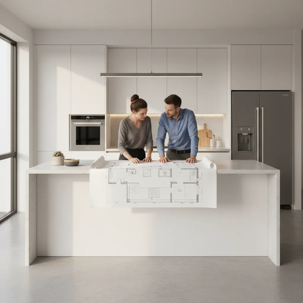 homeowner and designer discussing kitchen layout near renovation plans