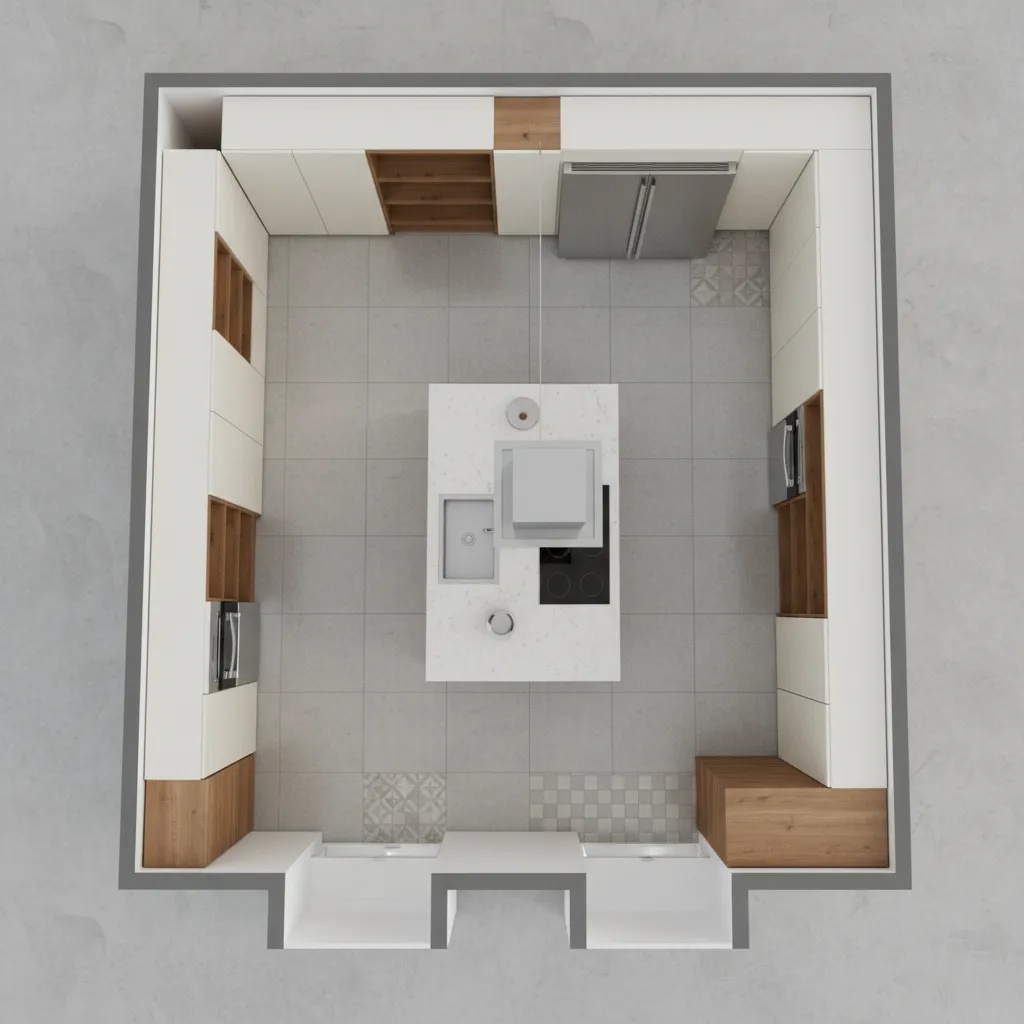 3D kitchen floor plan showing cabinet layout and workflow zones