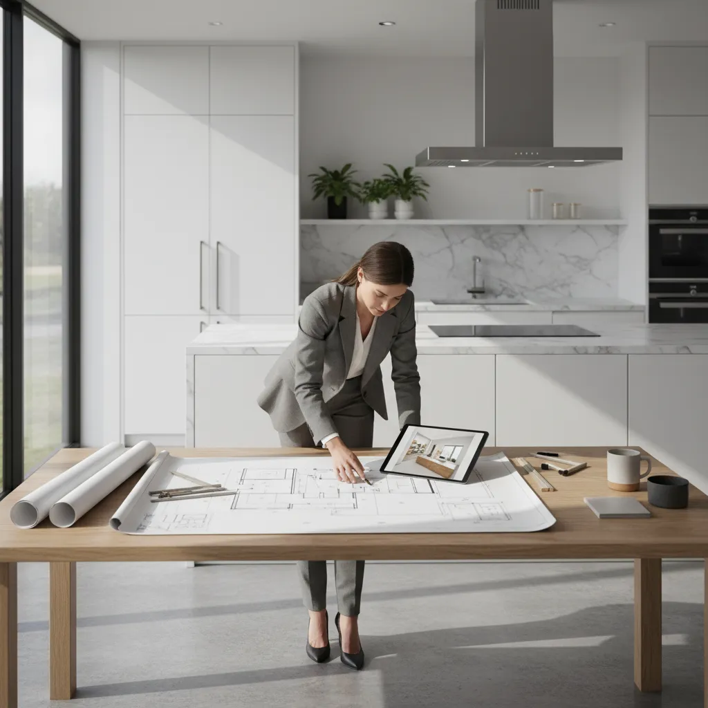 Designer reviewing kitchen layout plans before renovation