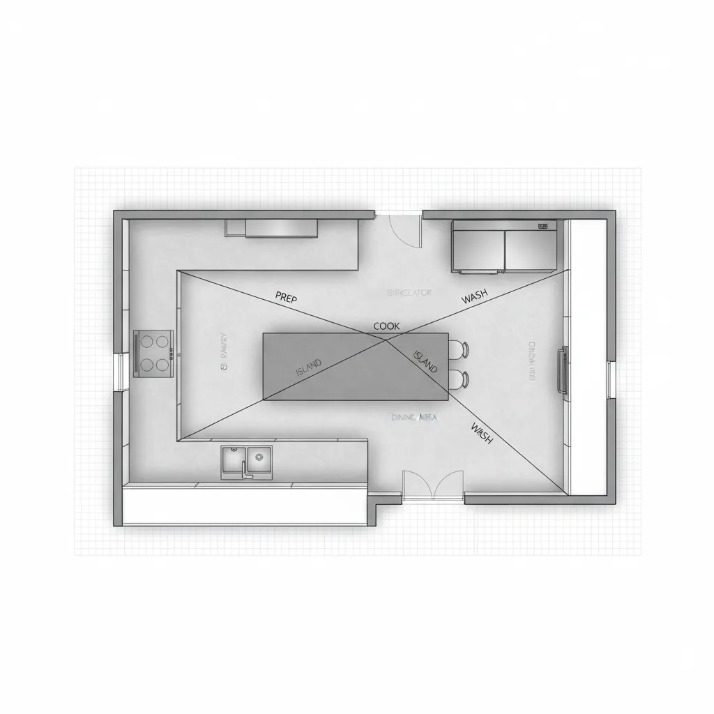 Kitchen floor layout planning diagram with island and work triangle concept