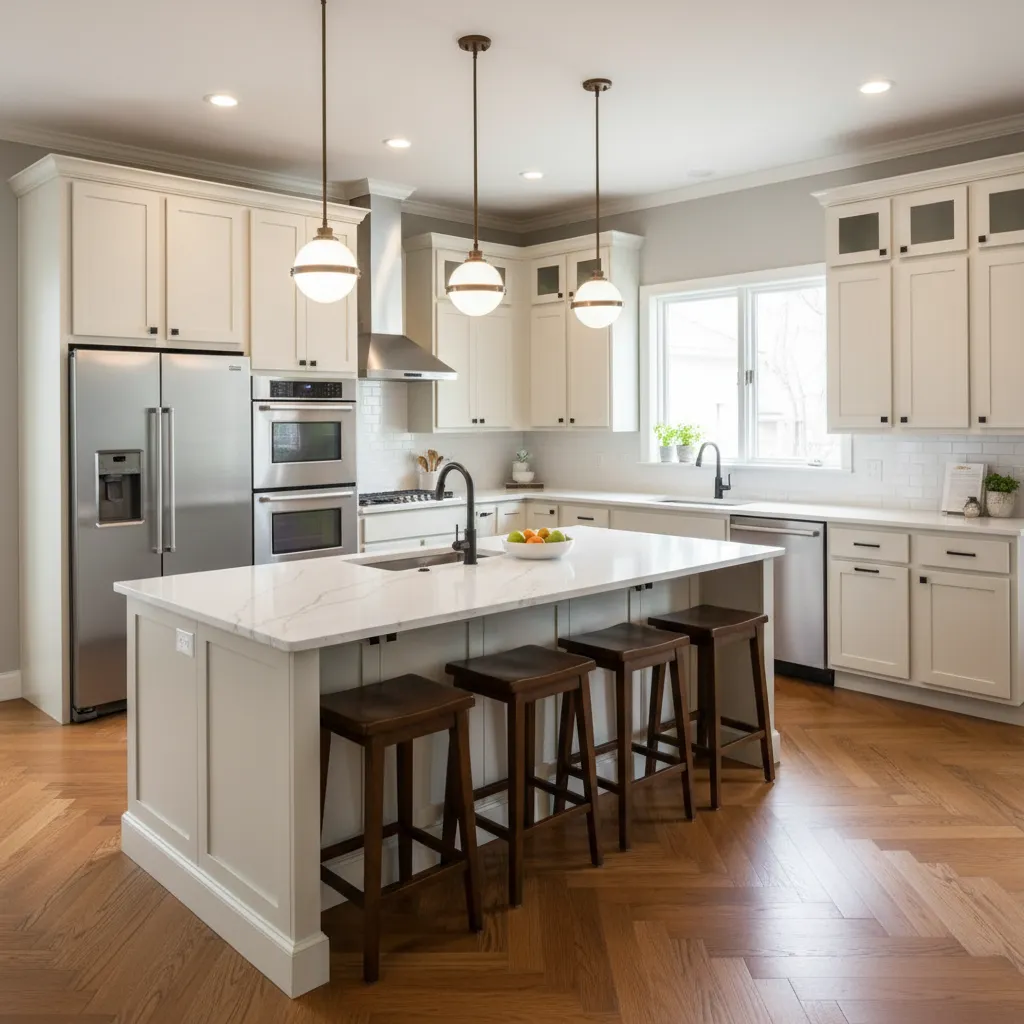 Modern kitchen renovation in a mid size house with new cabinets and island