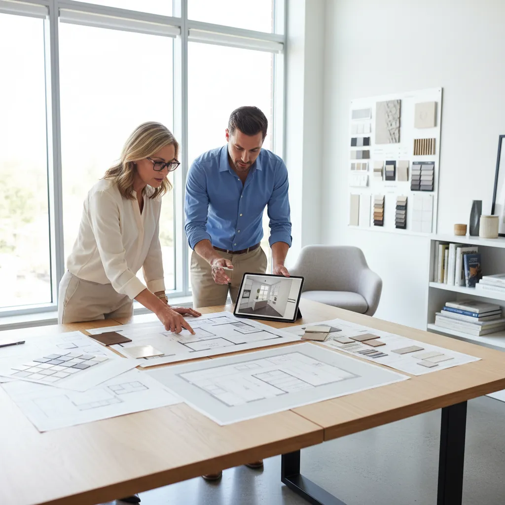 Homeowner reviewing kitchen renovation floor plan with designer
