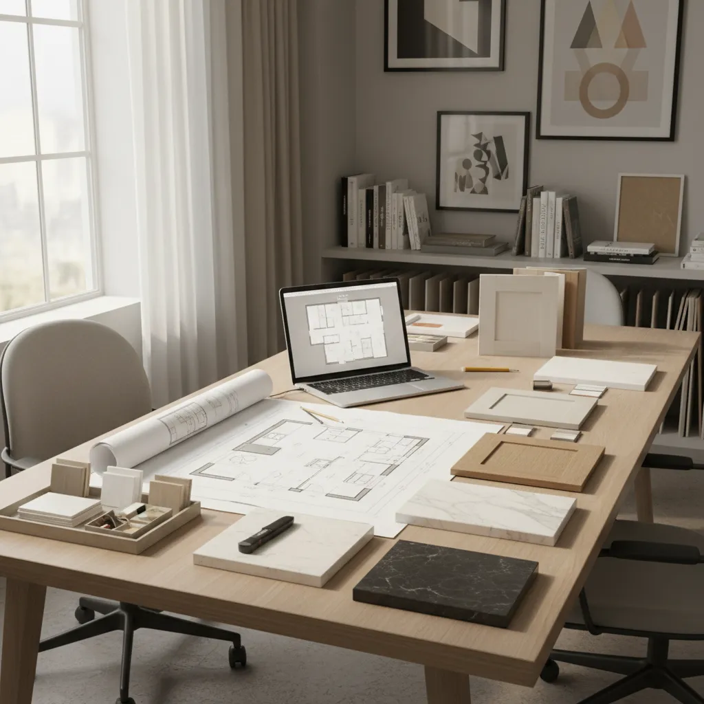 Kitchen remodel planning scene with layout sketches cabinets and countertop samples