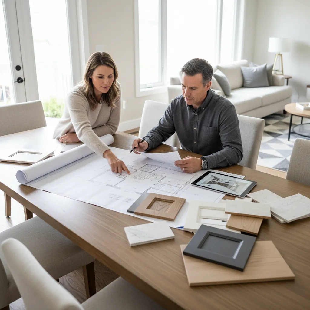homeowner and contractor reviewing kitchen renovation plans at table