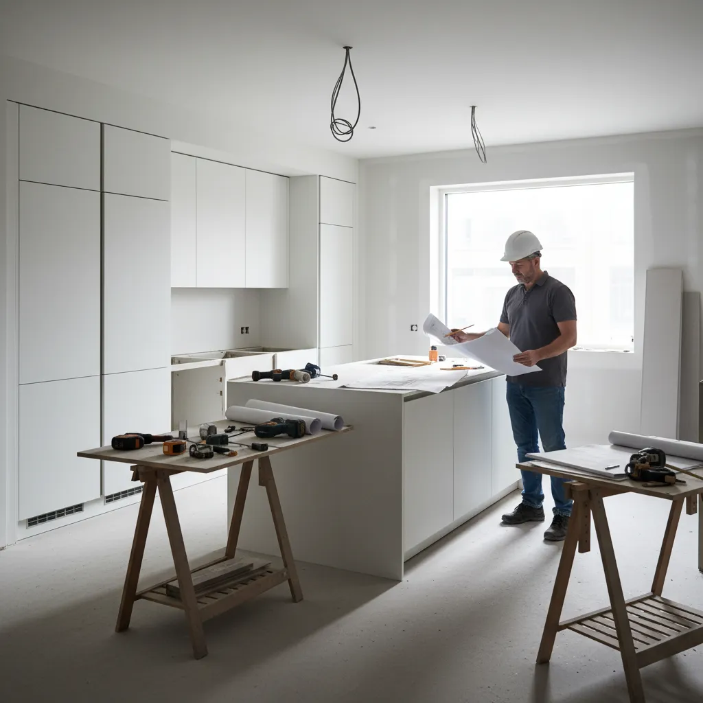 contractor managing kitchen renovation project on site with plans