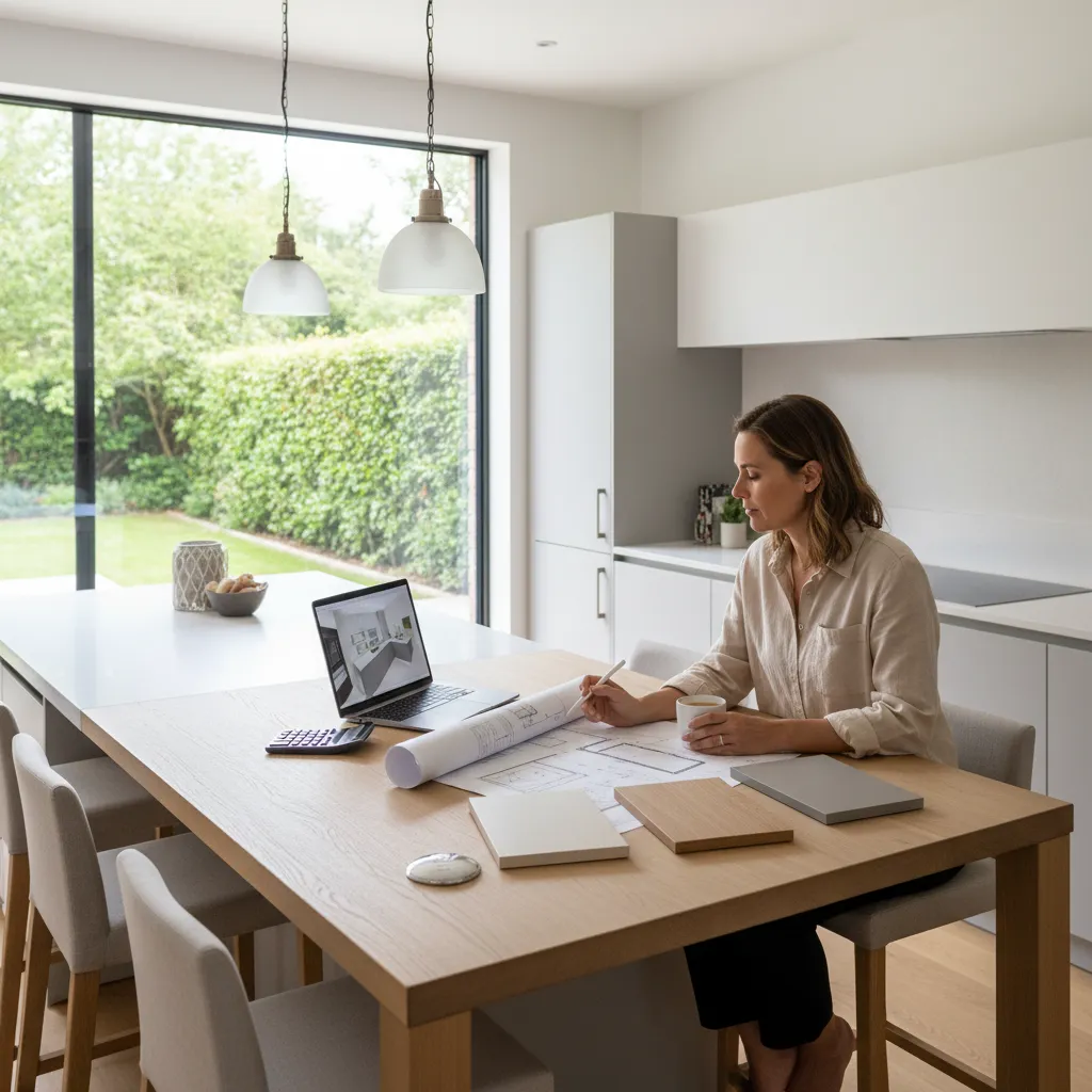 Designer sitting at wooden table reviewing kitchen blueprints with laptop calculator and various material samples