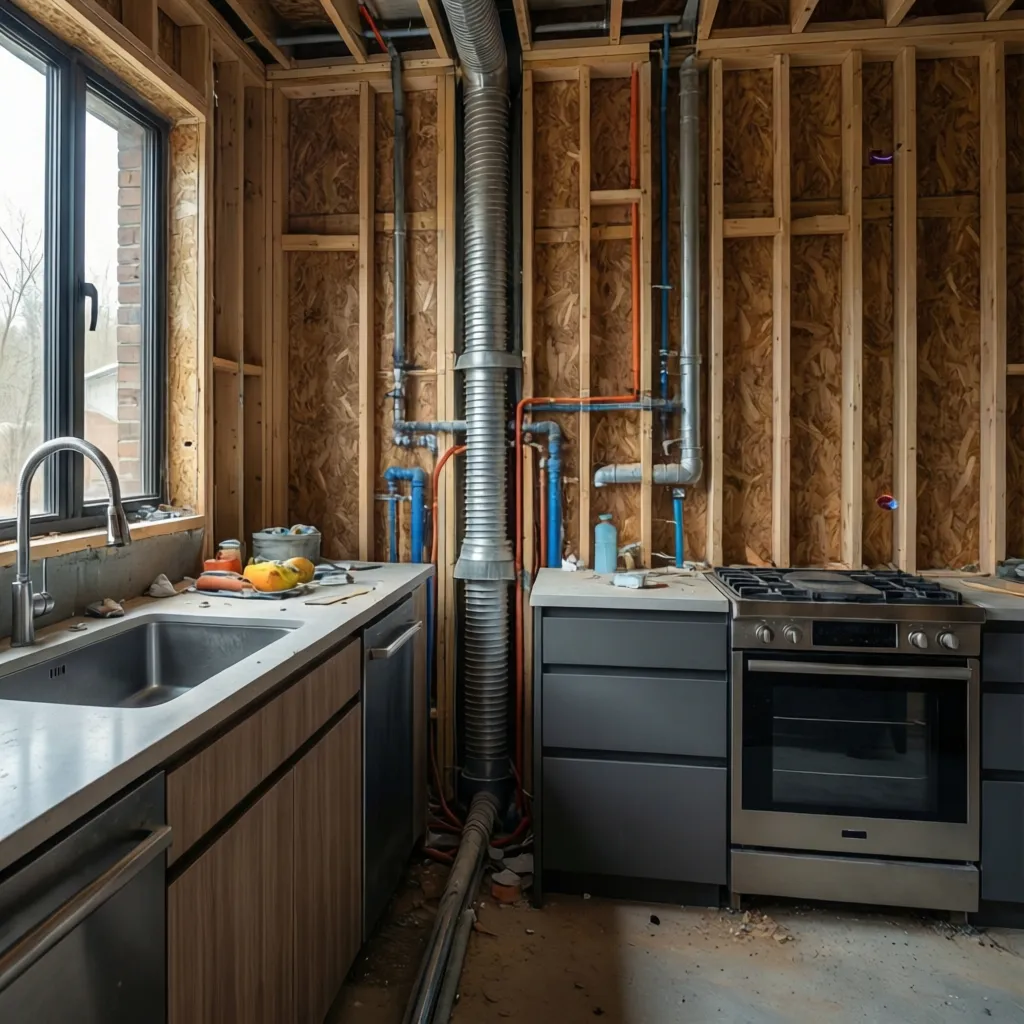Kitchen remodel plumbing showing vent pipe routed vertically through wall