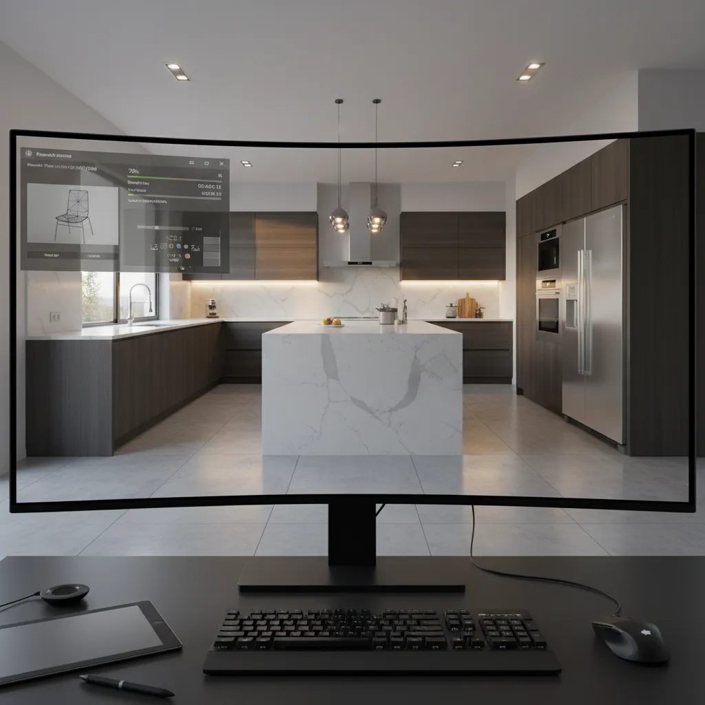 3D kitchen rendering with lighting and materials processing on computer screen