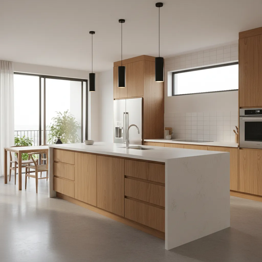 modern kitchen interior render showing lighting and material quality for presentation
