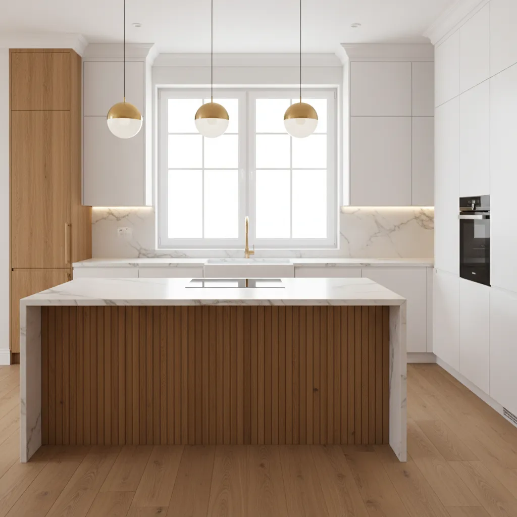 3D kitchen renovation preview with cabinets island and lighting layout