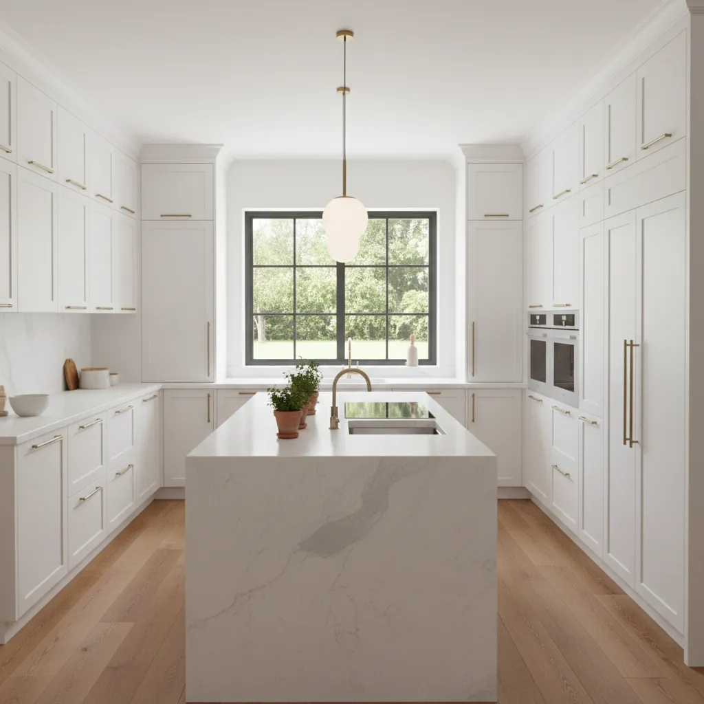 modern kitchen renovation interior with new cabinets island and lighting