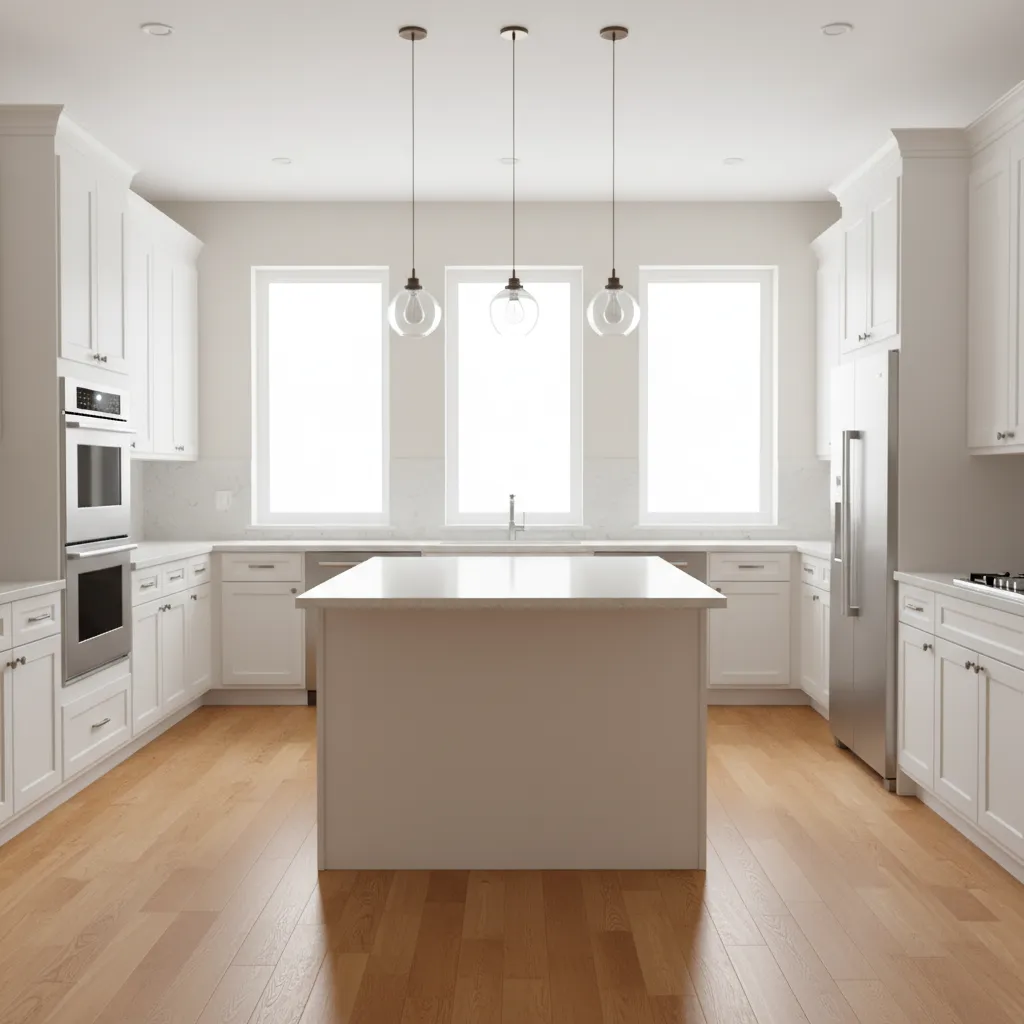 bright modern kitchen interior with white cabinets wood accents and island