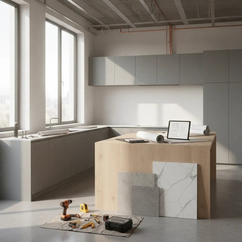 unfinished kitchen renovation with cabinets and construction plans on counter