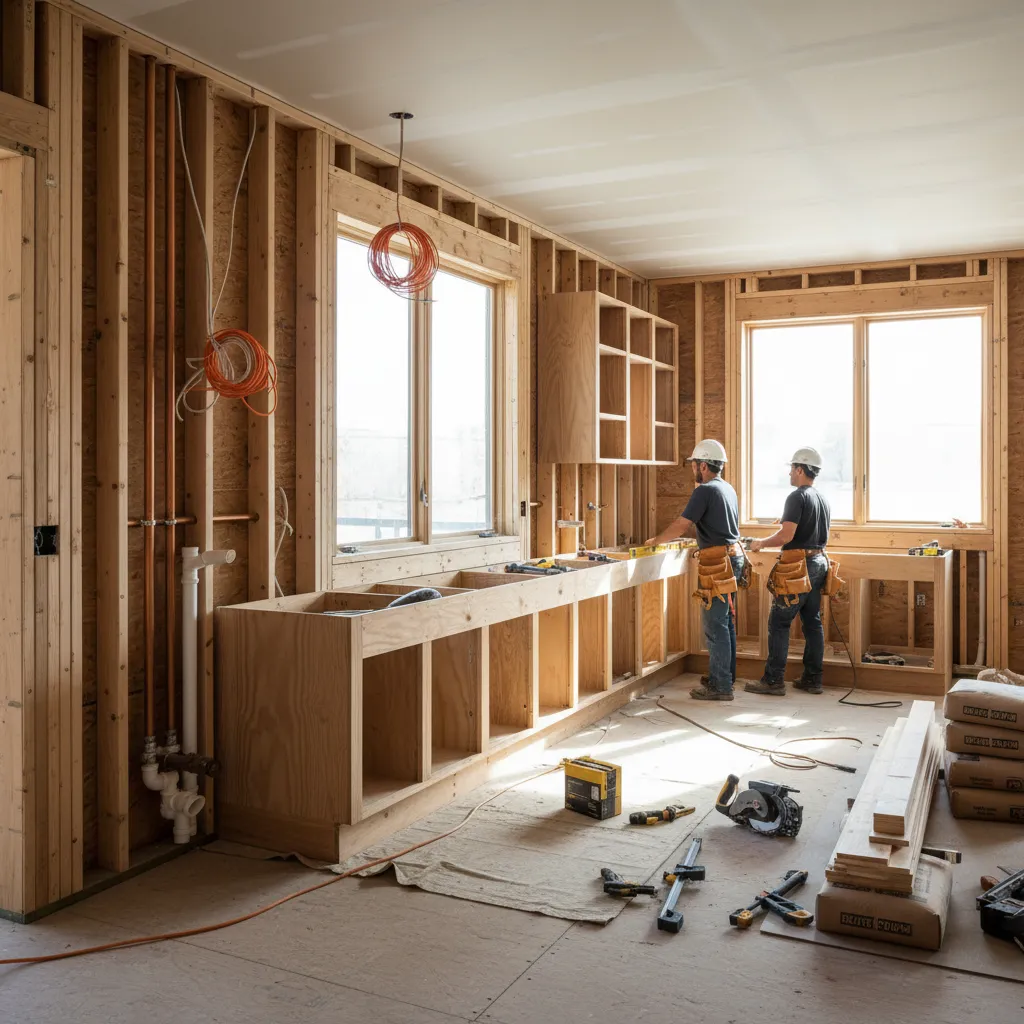 kitchen under renovation showing exposed plumbing and cabinets installation