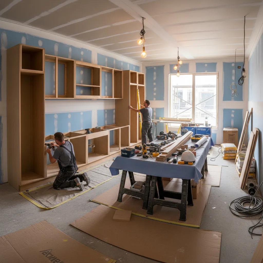 Kitchen renovation construction showing cabinets installation and unfinished interior