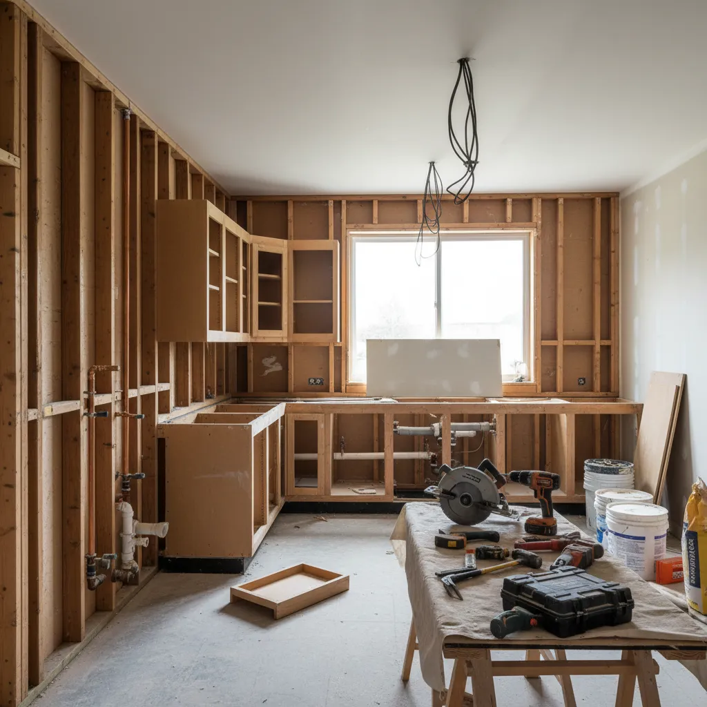 Kitchen renovation showing exposed cabinets and plumbing during remodel