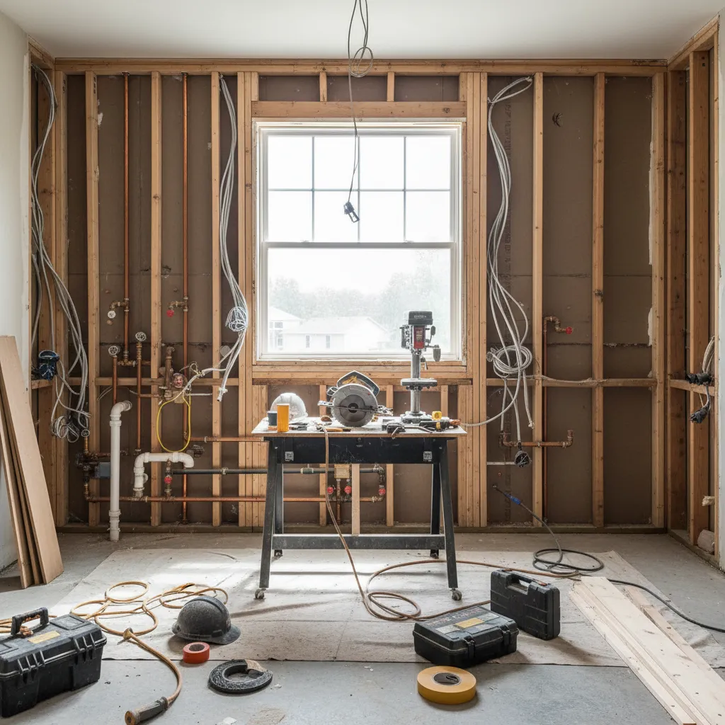 Kitchen renovation during construction with exposed walls cabinets removed and tools visible