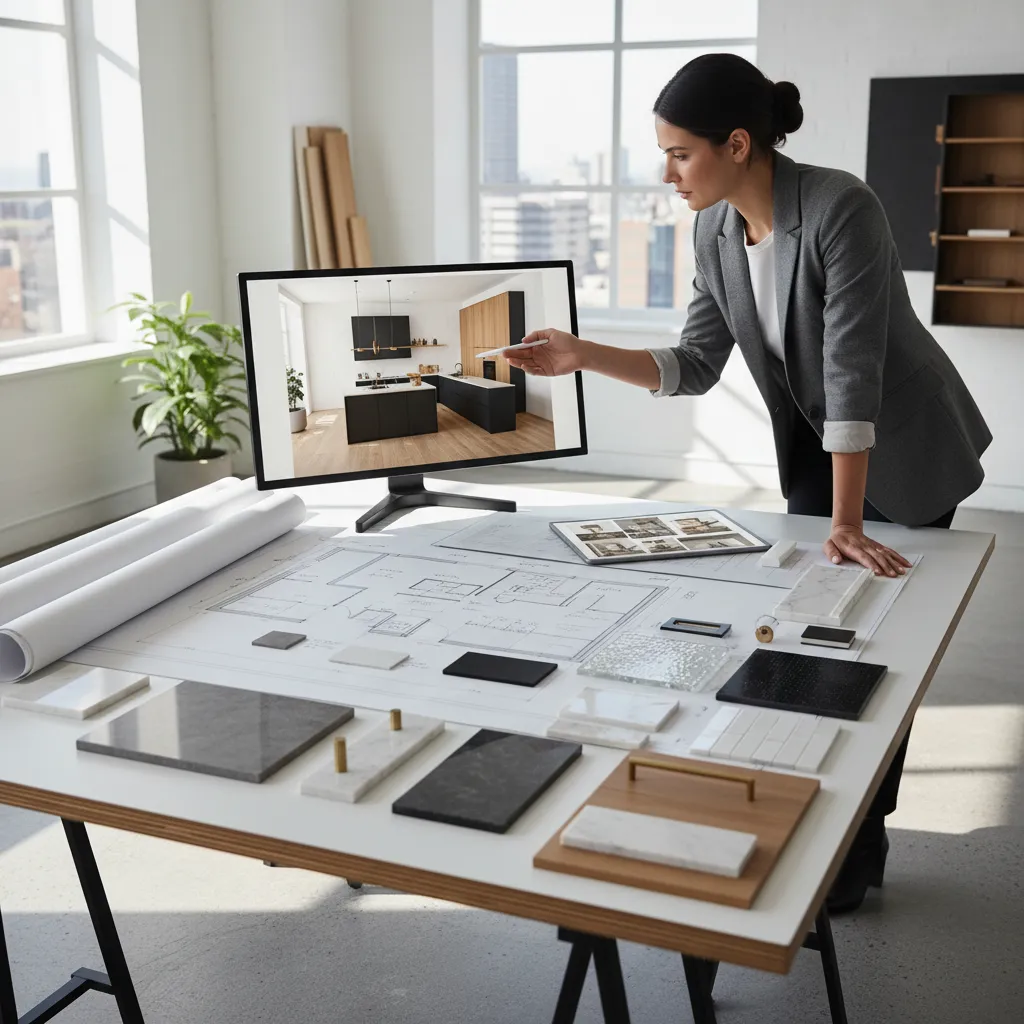Diseñador planificando la distribución de una cocina moderna