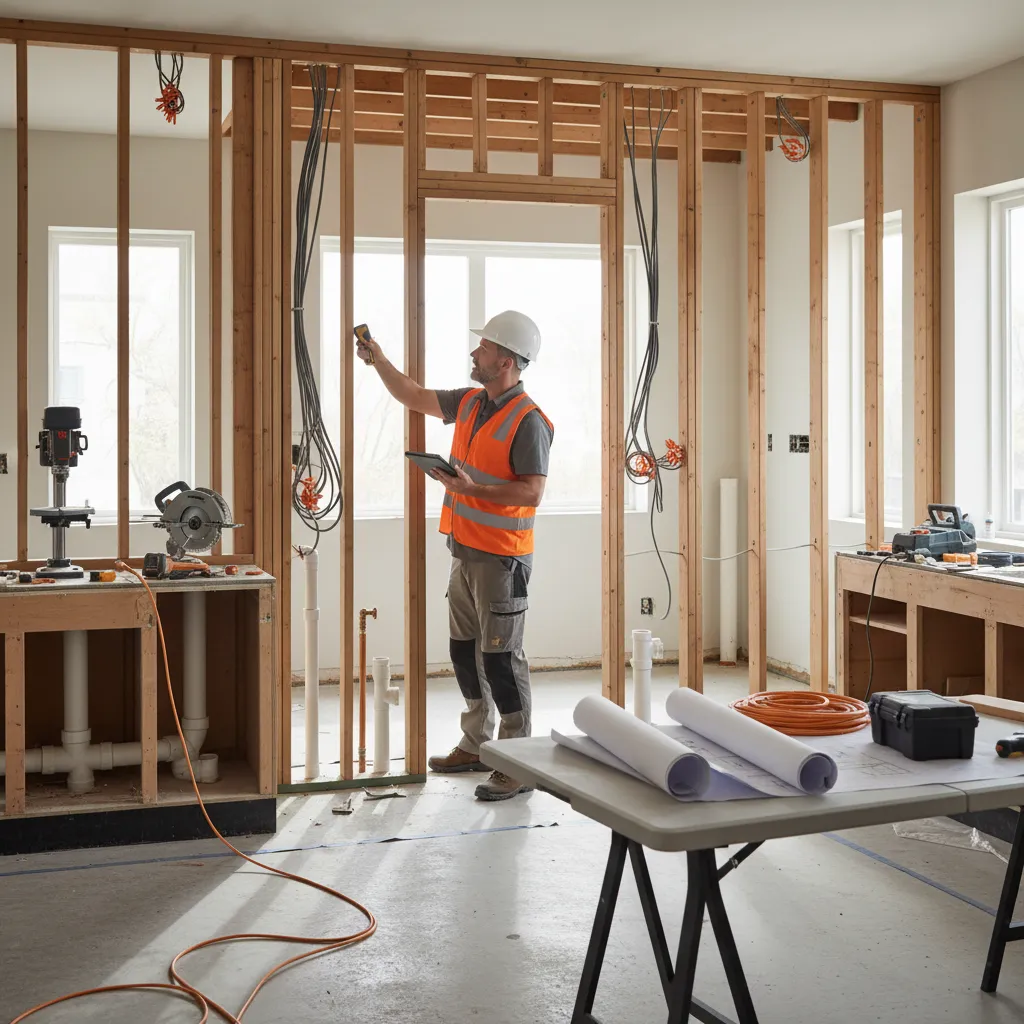 contractor inspecting wiring and plumbing in an old kitchen renovation