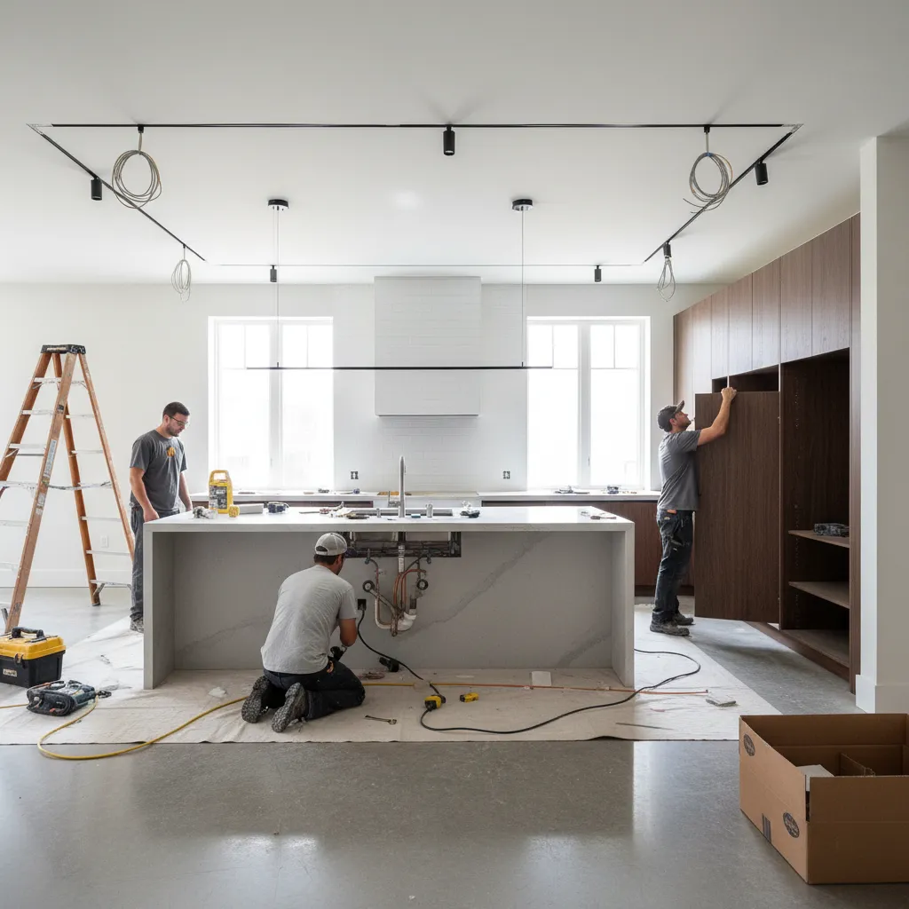 kitchen renovation construction stages showing electrical plumbing and cabinet installation