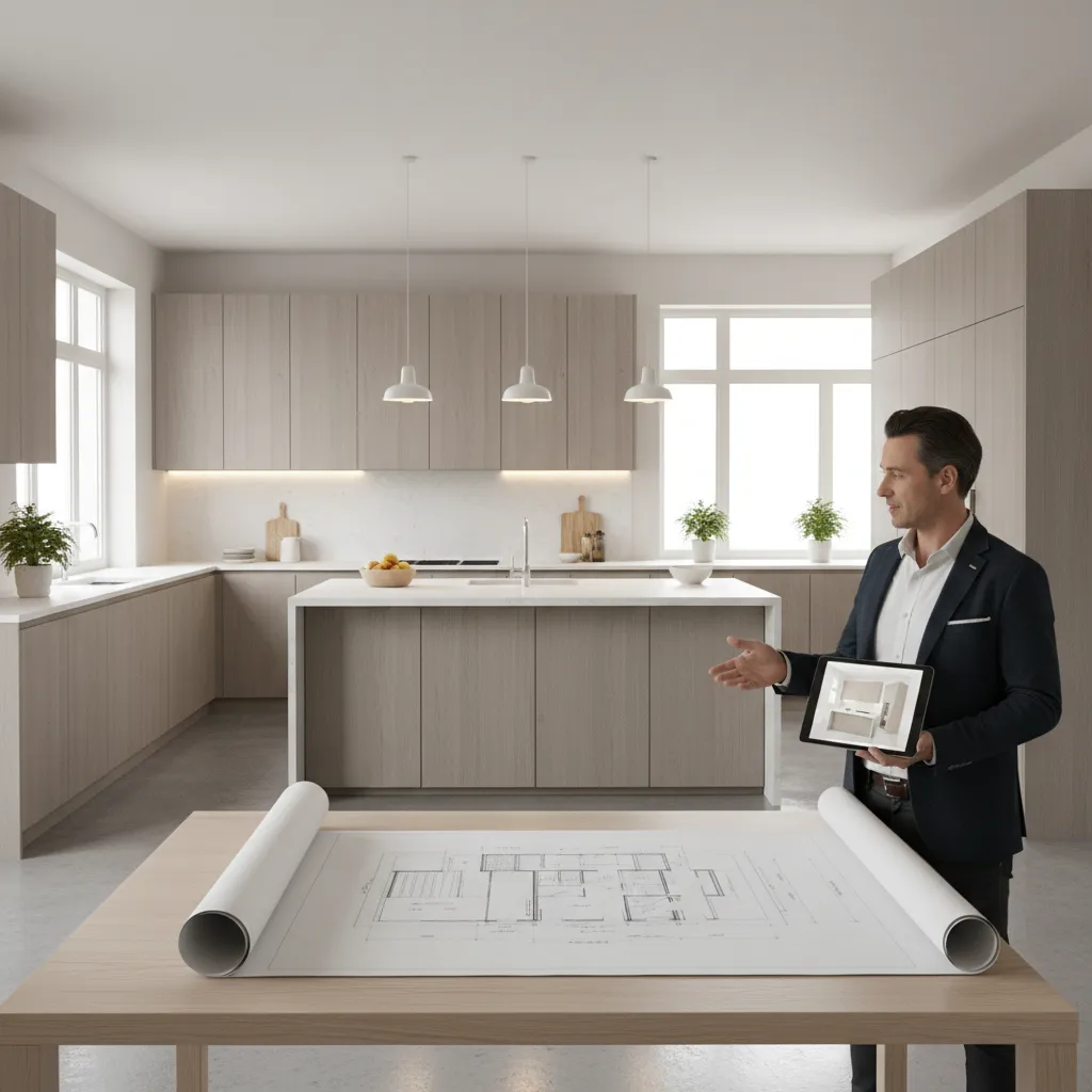 Kitchen renovation layout design with cabinets and island planning